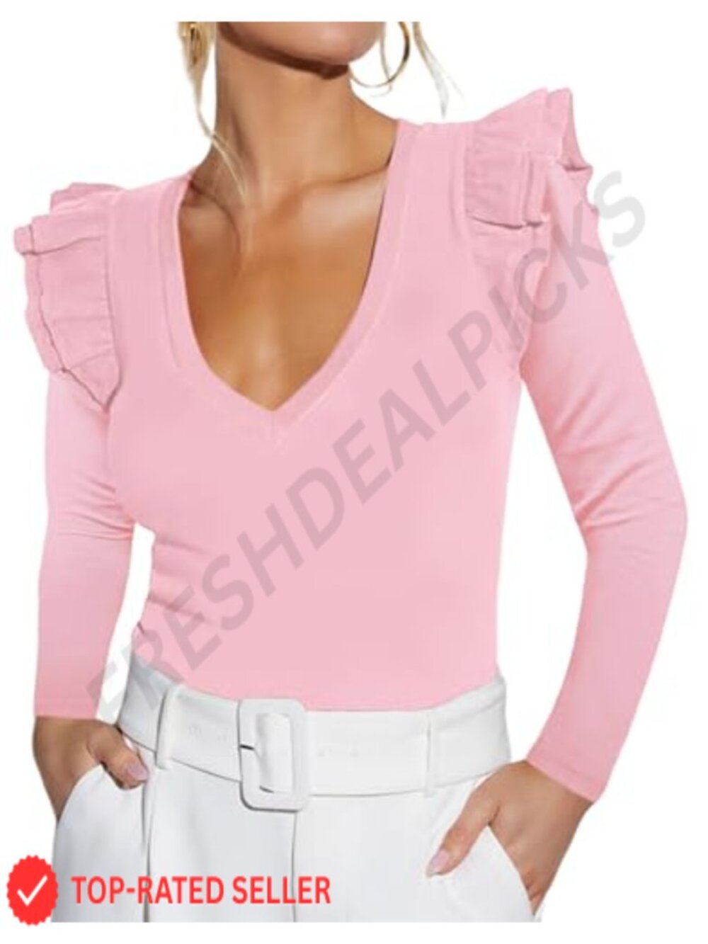 Women's Long Sleeve V Neck Ruffle Ribbed Knit Blouse